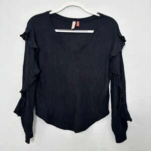 PILCRO Black Waffle Knit Ruffle Sleeve V Neck Long Sleeve Top Womens Small